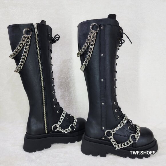 Renegade Lace Up Draped Chain Combat Knee High Boots Goth Punk Rocker Biker Boot - Picture 5 of 10